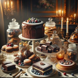 An elegant dessert table beautifully set with a variety of sourdough discard sweets. The scene includes a sourdough chocolate cake with a ganache