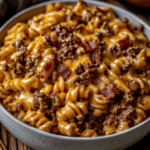 Loaded bacon cheeseburger pasta recipe with beef, cheese, and bacon