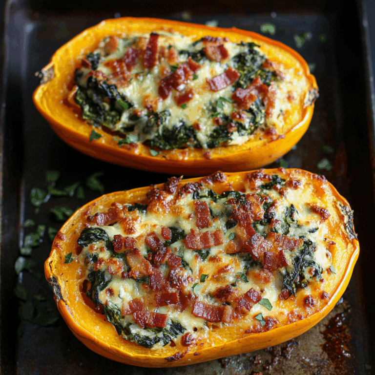 Cheesy Spinach Bacon Stuffed Spaghetti Squash with melted cheese