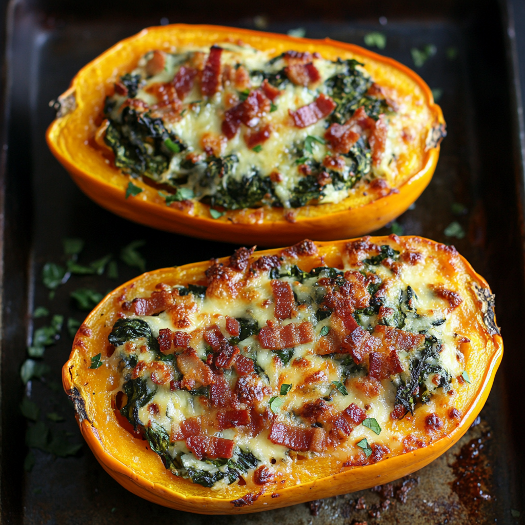 Cheesy Spinach Bacon Stuffed Spaghetti Squash with melted cheese