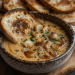 Bowl of creamy roasted garlic soup garnished with roasted garlic cloves and parsley, served with toasted bread