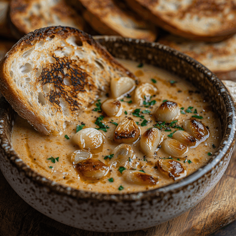 Bowl of creamy roasted garlic soup garnished with roasted garlic cloves and parsley, served with toasted bread