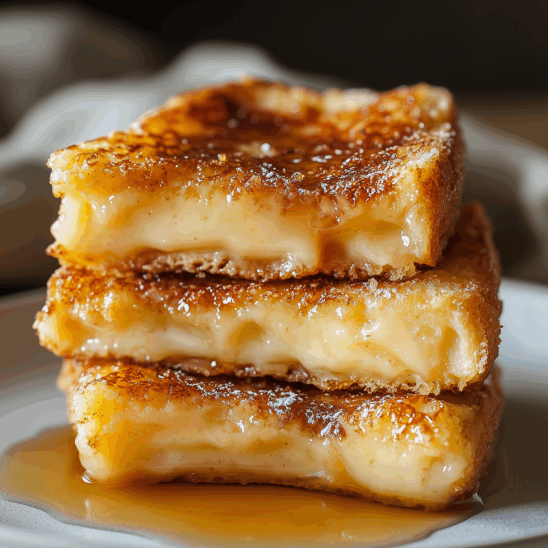 A serving of overnight crème brûlée French toast with caramelized top and syrup drizzle