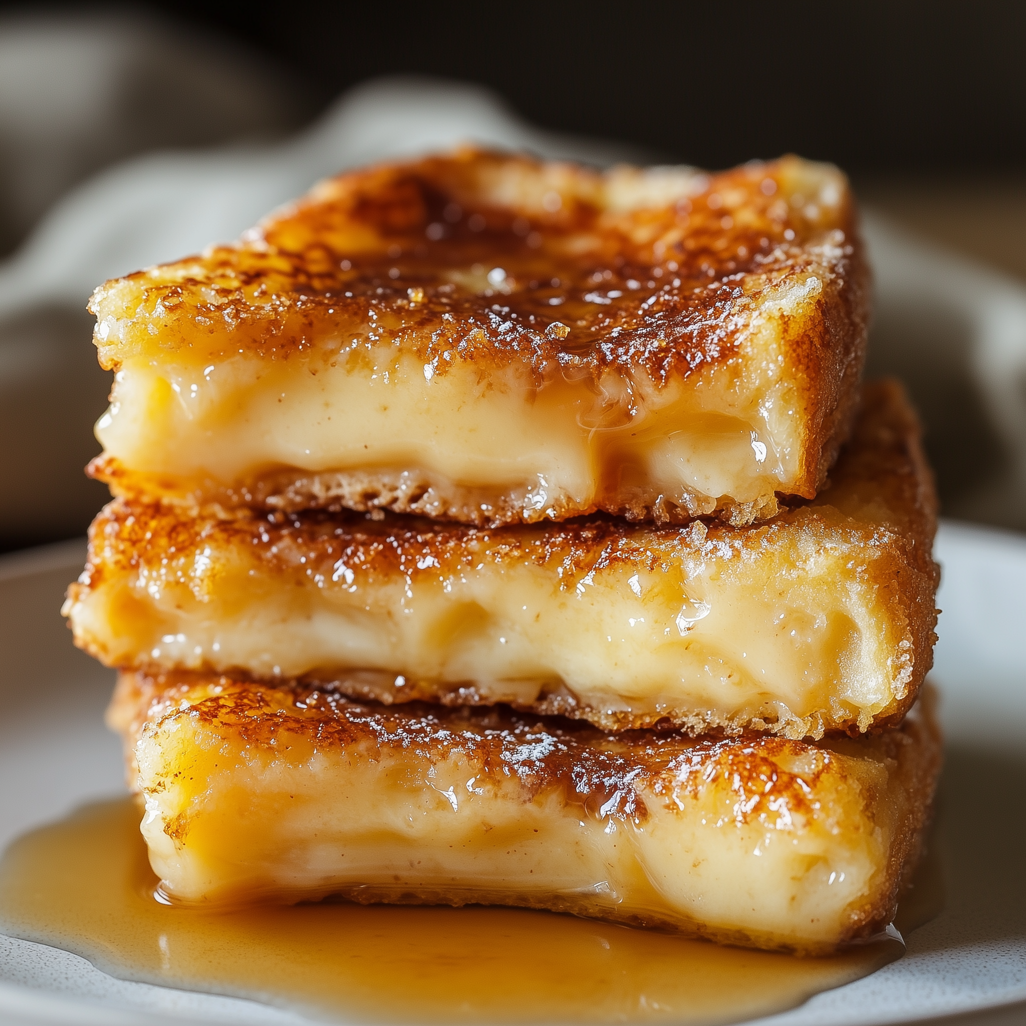 A serving of overnight crème brûlée French toast with caramelized top and syrup drizzle