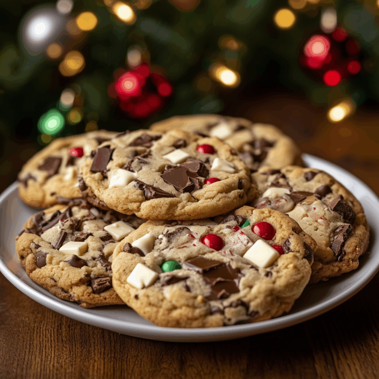 Plate of Christmas chocolate chip cookies topped with festive red and green candies and white chocolate chunks