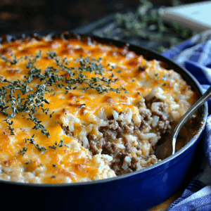 Plate of ground beef and rice casserole garnished with fresh parsley
