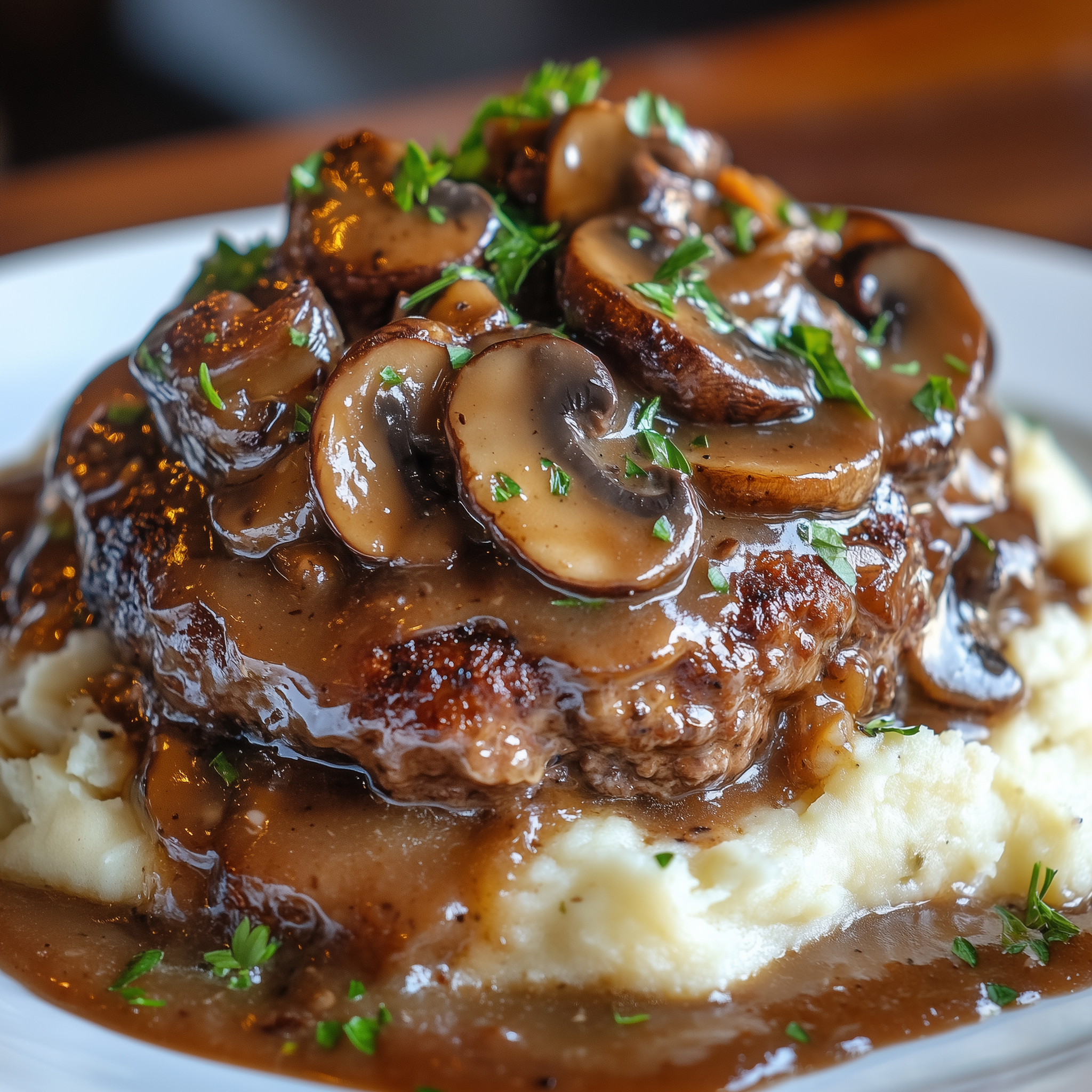 Juicy Salisbury steak topped with mushroom gravy on a bed of creamy mashed potatoes, garnished with parsley