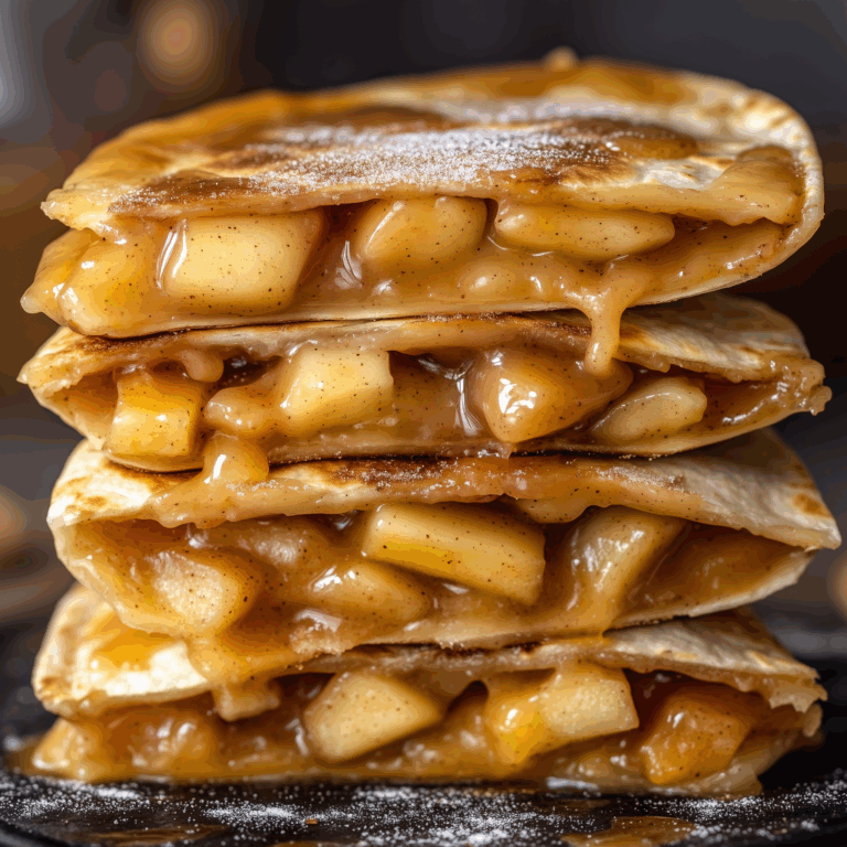 Close-up of golden apple pie quesadillas with caramel drizzle and a dusting of powdered sugar