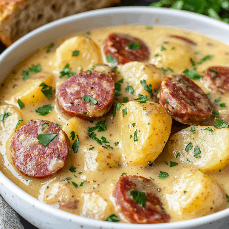 Creamy kielbasa potato soup with parsley and bacon garnish in a bowl
