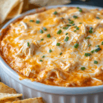 Bowl of creamy buffalo chicken dip with melted cheese and chives, surrounded by chips and vegetables