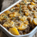 Layered hamburger potato casserole in a baking dish with melted cheese