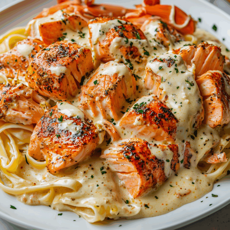 Cajun lobster and salmon Alfredo pasta with parsley garnish