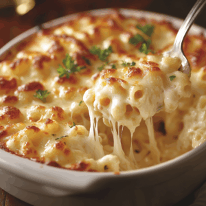 Four-cheese baked macaroni with crispy breadcrumb topping in a baking dish