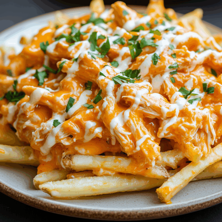 Loaded Buffalo Chicken Alfredo Fries topped with melted cheese, buffalo chicken, and green onions