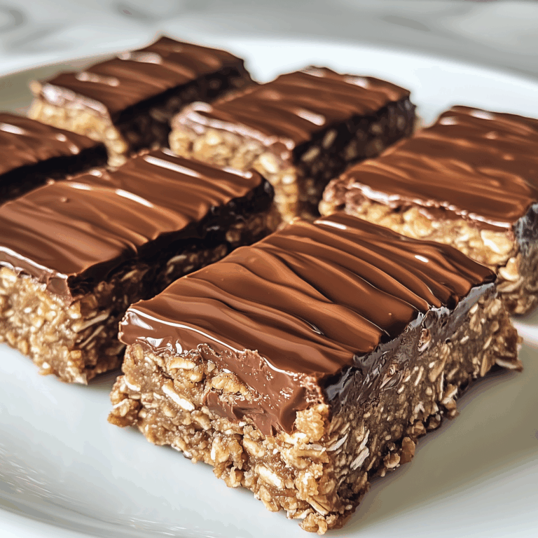 No-bake chocolate oat bars with a layer of chocolate, cut into squares on a cutting board