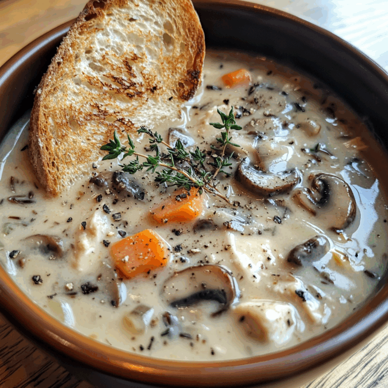 Bowl of creamy chicken, mushroom, and wild rice soup with fresh herbs on top