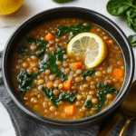 A bowl of Mediterranean Lentil Soup garnished with parsley, served with lemon wedges on the side.