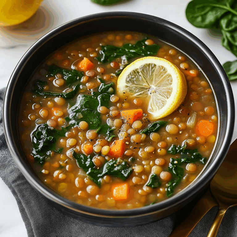 A bowl of Mediterranean Lentil Soup garnished with parsley, served with lemon wedges on the side.